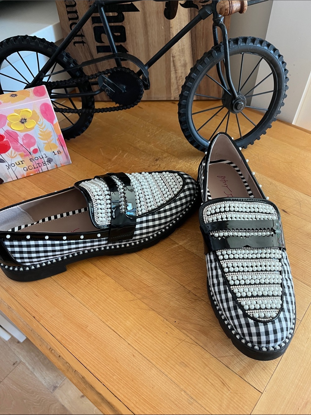 Betsey Johnson Black & White Gingham Loafers with Pearl Detail